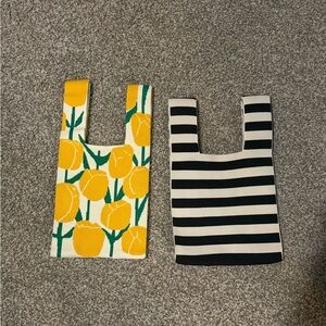 Yellow Floral and Black Striped Tote Bag Set